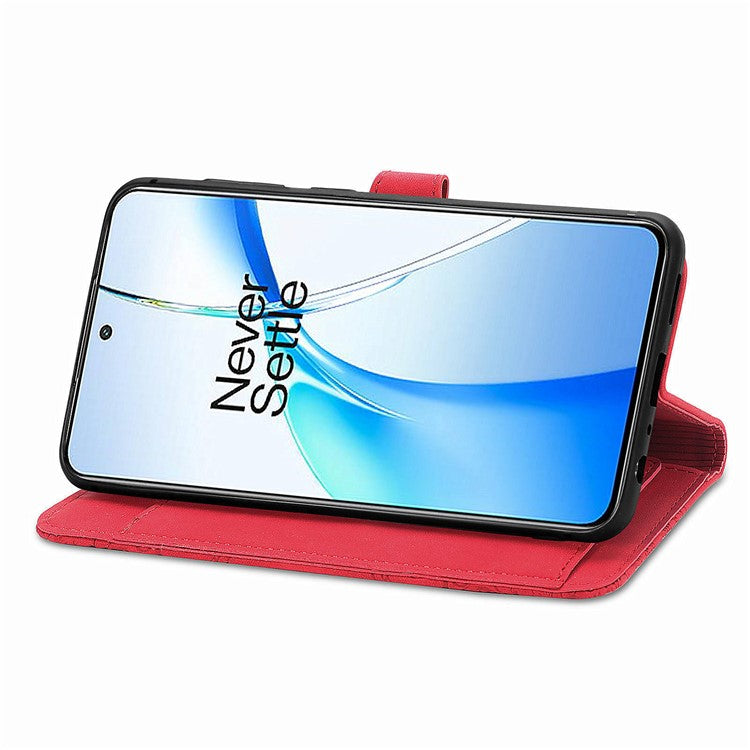 For OnePlus Nord CE4 5G Wallet Case Zipper Folio Leather Phone Cover Imprinted Floral - Red