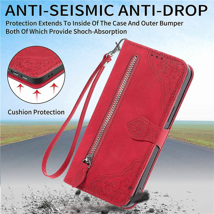 For OnePlus Nord CE4 5G Wallet Case Zipper Folio Leather Phone Cover Imprinted Floral - Red