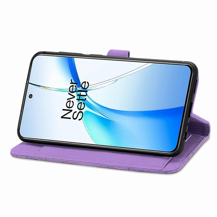 For OnePlus Nord CE4 5G Wallet Case Zipper Folio Leather Phone Cover Imprinted Floral - Light Purple