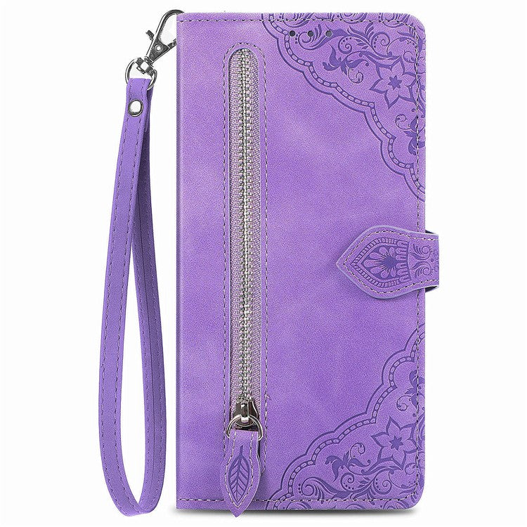 For OnePlus Nord CE4 5G Wallet Case Zipper Folio Leather Phone Cover Imprinted Floral - Light Purple