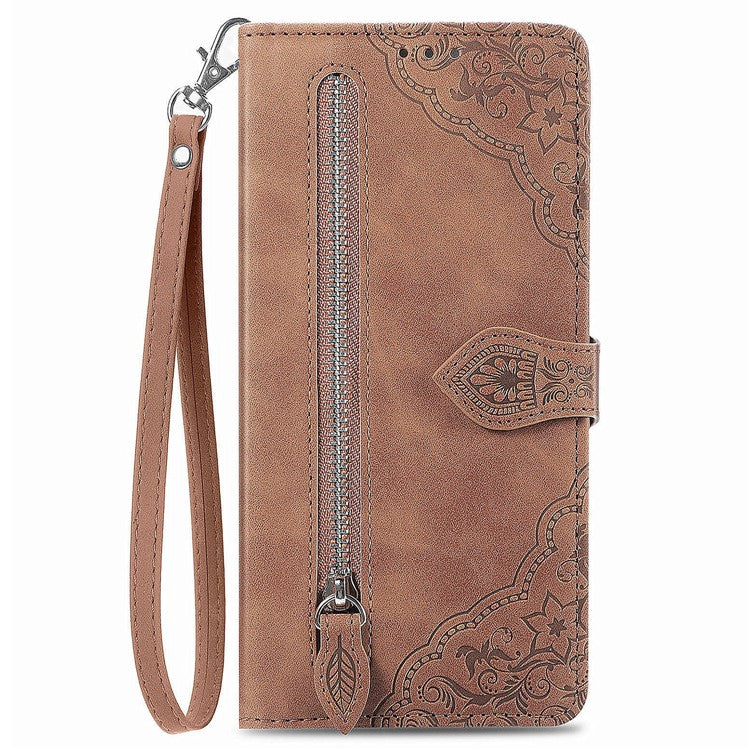 For OnePlus Nord CE4 5G Wallet Case Zipper Folio Leather Phone Cover Imprinted Floral - Brown