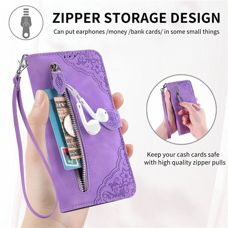 For OnePlus Nord N30 SE 5G Case Leather Floral Phone Cover Zipper Cash Pocket - Light Purple