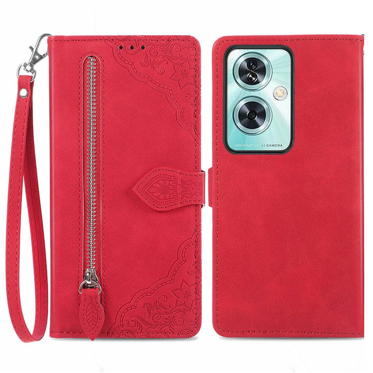 For OnePlus Nord N30 SE 5G Case Leather Floral Phone Cover Zipper Cash Pocket - Red