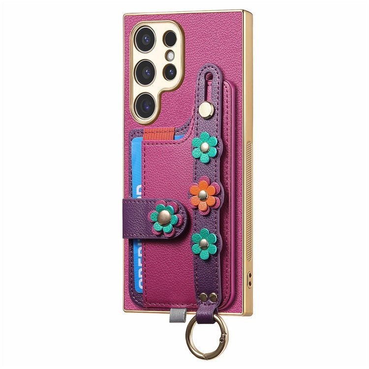 W2 Series For Samsung Galaxy S23 Ultra Case 3D Flower Leather Phone Back Cover Wristband Kickstand - Purple