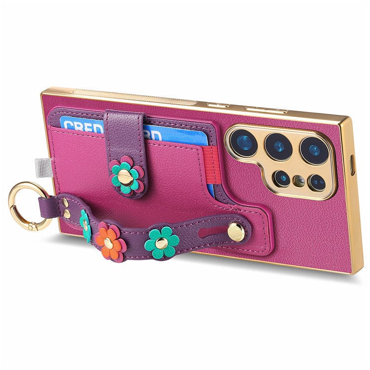 W2 Series For Samsung Galaxy S23 Ultra Case 3D Flower Leather Phone Back Cover Wristband Kickstand - Purple