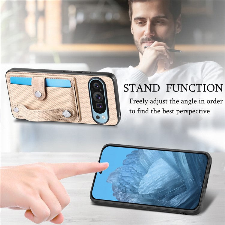 C1-01 For Google Pixel 9 Case Card Holder Kickstand PU Leather Back Phone Cover - Khaki