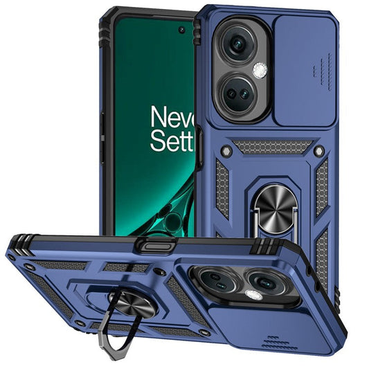 For OnePlus Nord CE3 5G Case Ring Kickstand PC+TPU Phone Protector with Slide Camera Cover - Blue