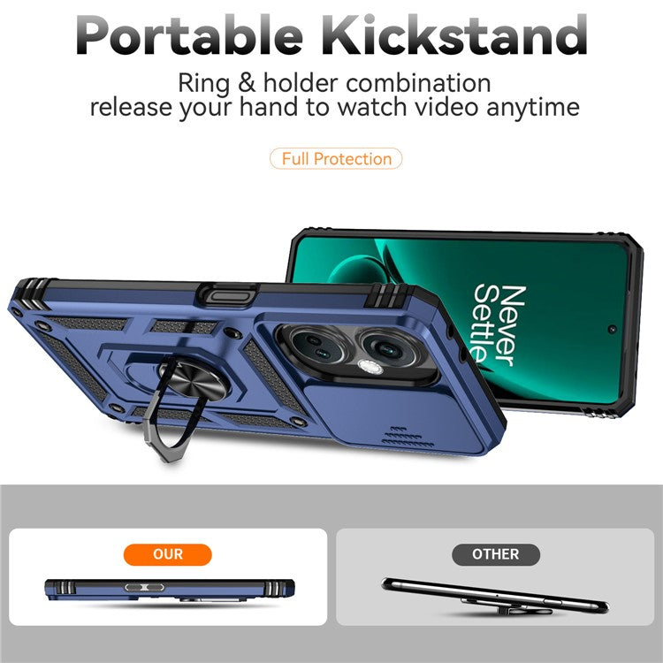 For OnePlus Nord CE3 5G Case Ring Kickstand PC+TPU Phone Protector with Slide Camera Cover - Blue