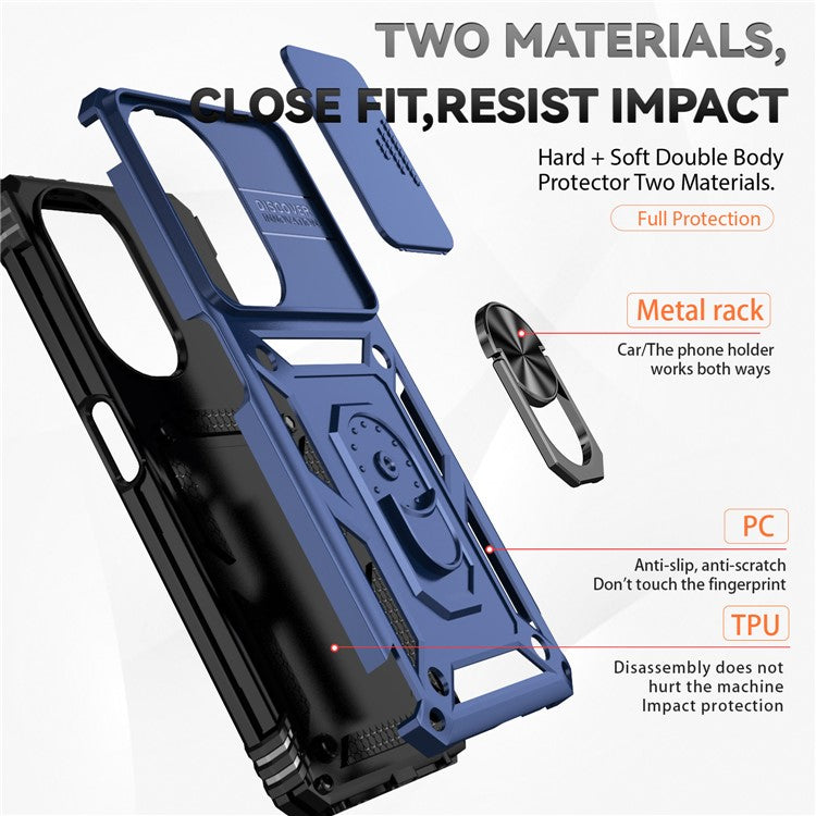 For OnePlus Nord CE3 5G Case Ring Kickstand PC+TPU Phone Protector with Slide Camera Cover - Blue