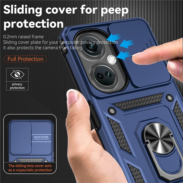 For OnePlus Nord CE3 5G Case Ring Kickstand PC+TPU Phone Protector with Slide Camera Cover - Blue