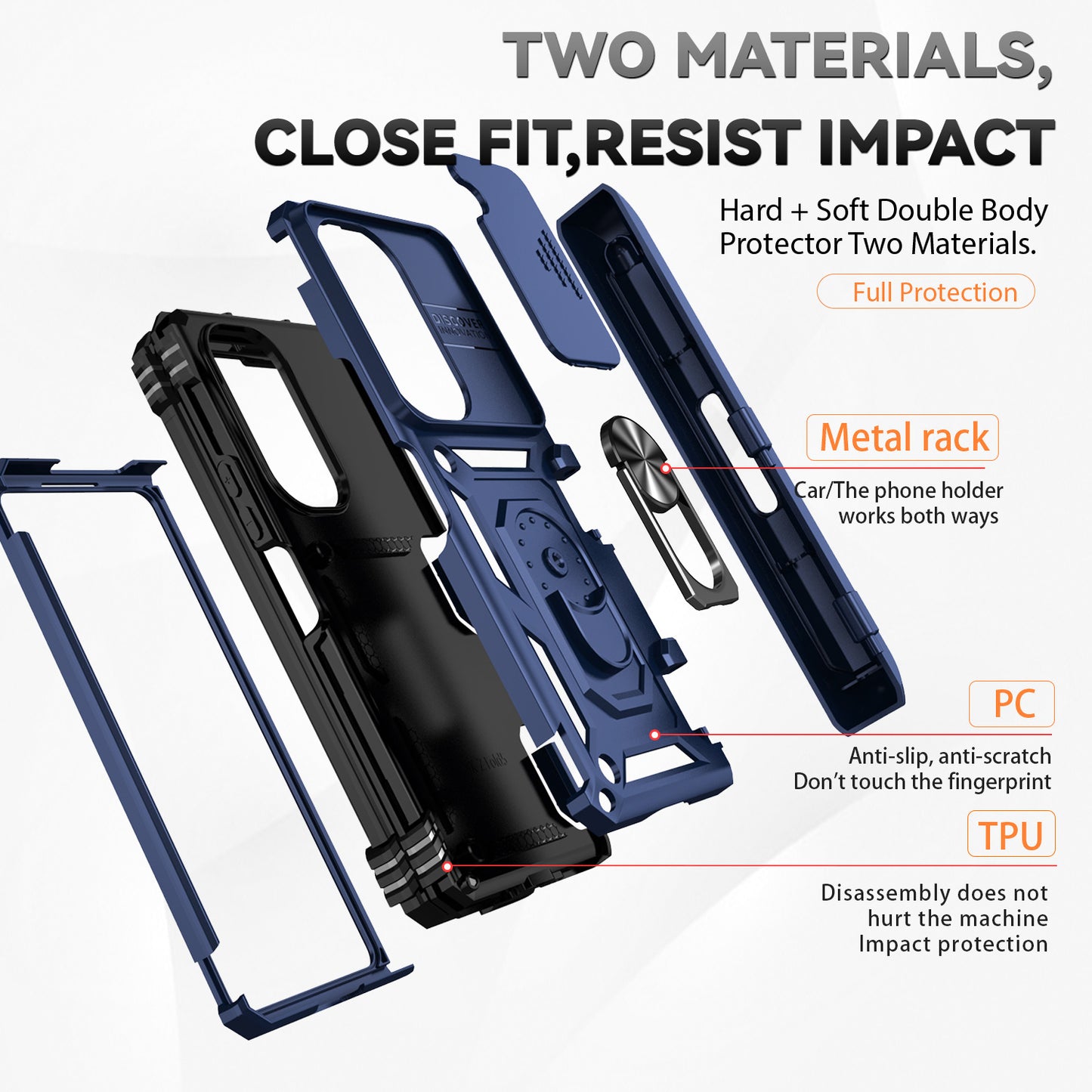 For Samsung Galaxy Z Fold6 5G Case Camera Protection PC+TPU Phone Cover Finger Ring Holder Kickstand - Blue