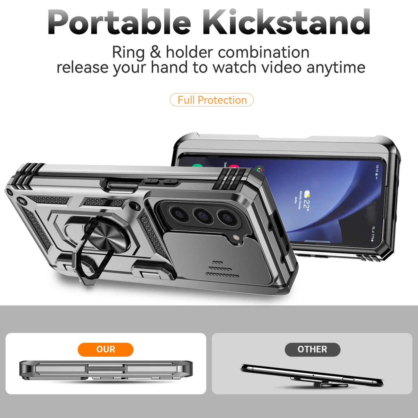 For Samsung Galaxy Z Fold6 5G Case Camera Protection PC+TPU Phone Cover Finger Ring Holder Kickstand - Silver