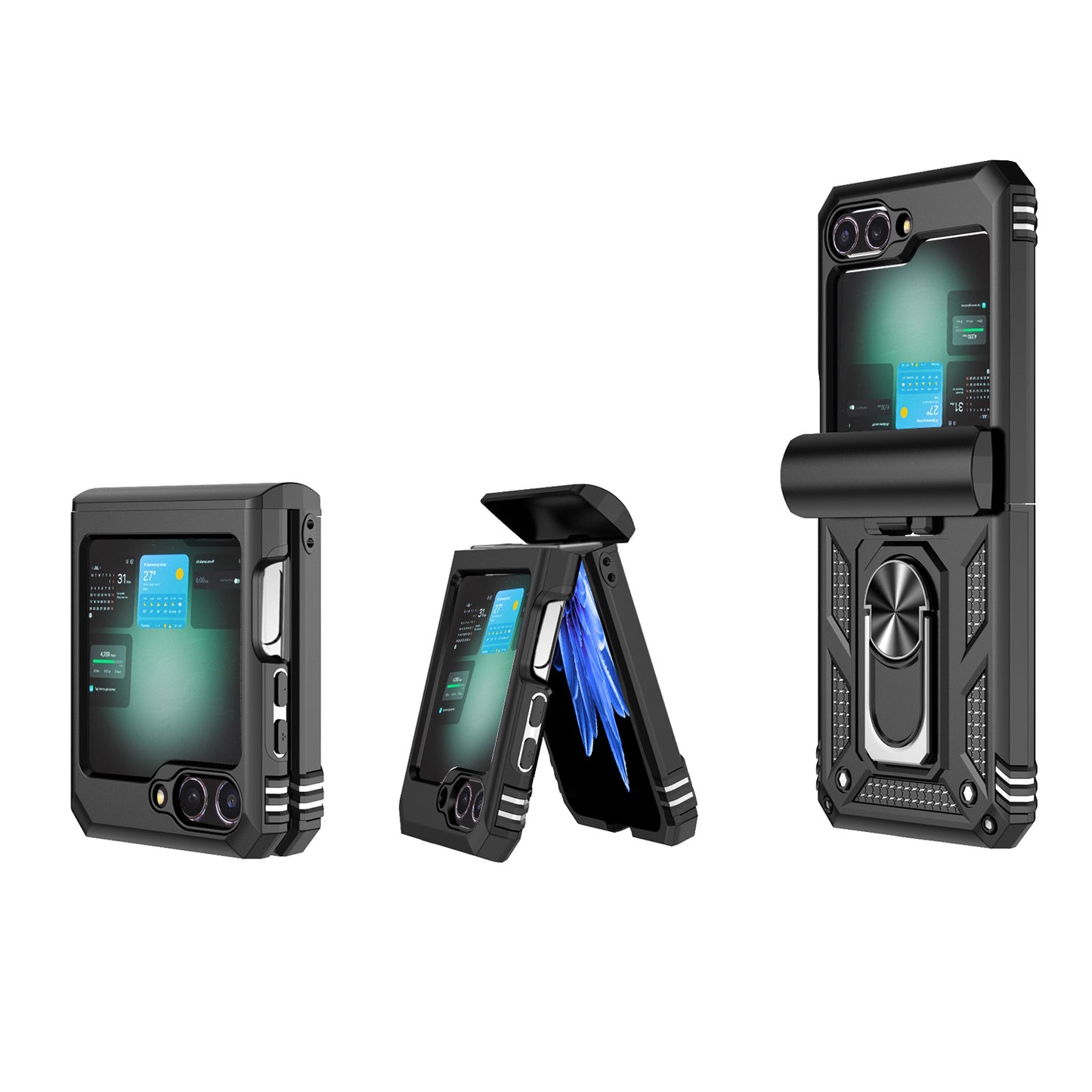 For Samsung Galaxy Z Flip6 5G Case Lens Protection PC TPU Phone Cover Anti-Drop Ring Holder - Black
