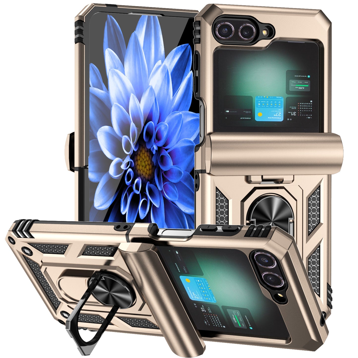 For Samsung Galaxy Z Flip6 5G Case Lens Protection PC TPU Phone Cover Anti-Drop Ring Holder - Gold