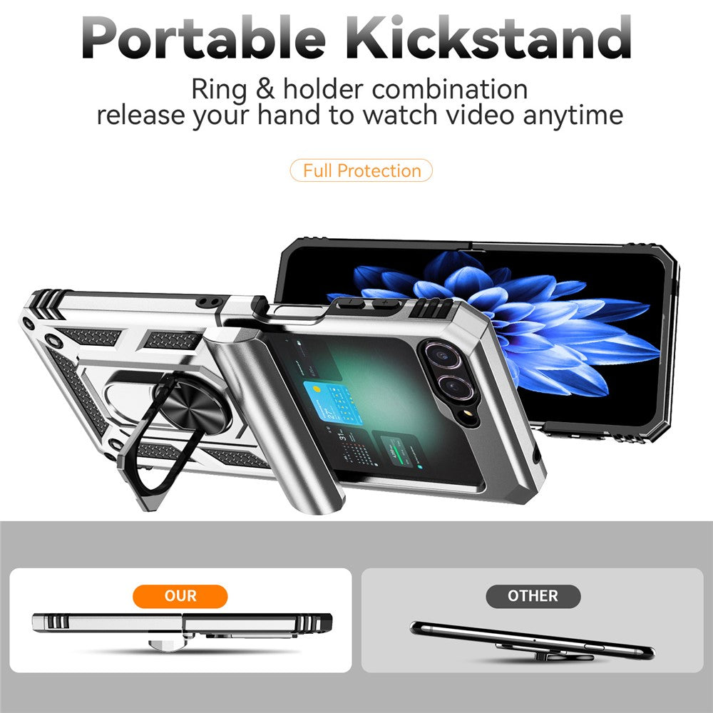 For Samsung Galaxy Z Flip7 FE 5G / Z Flip6 5G Case Lens Protection PC TPU Phone Cover Anti-Drop Ring Holder - Silver