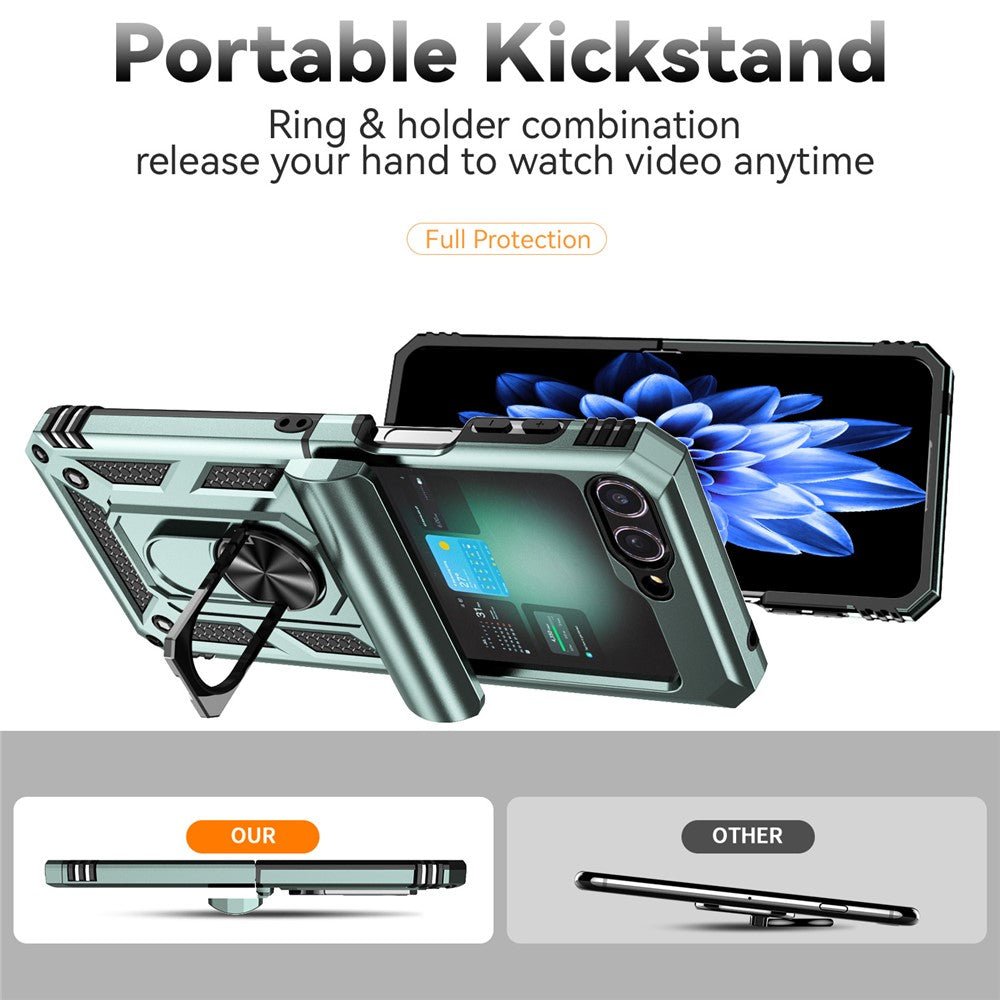 For Samsung Galaxy Z Flip7 FE 5G / Z Flip6 5G Case Lens Protection PC TPU Phone Cover Anti-Drop Ring Holder - Blackish Green