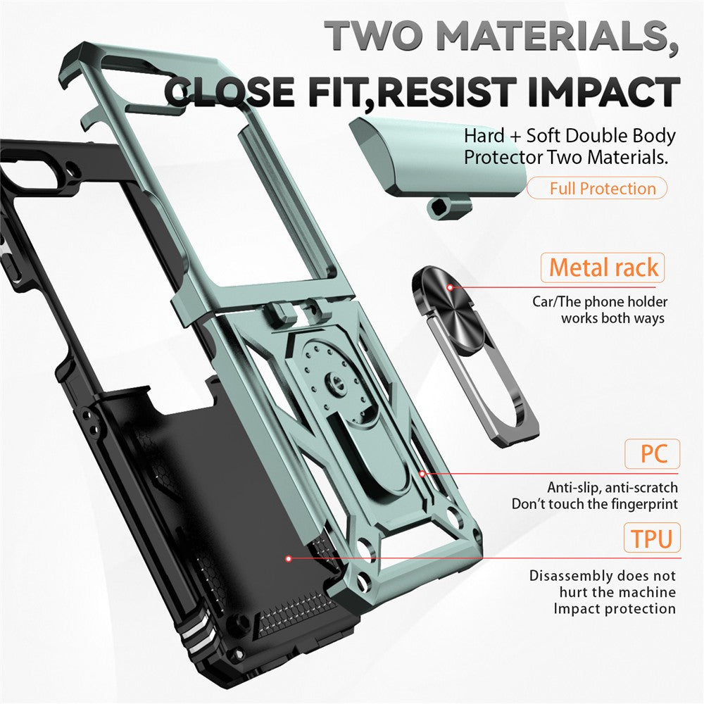 For Samsung Galaxy Z Flip7 FE 5G / Z Flip6 5G Case Lens Protection PC TPU Phone Cover Anti-Drop Ring Holder - Blackish Green