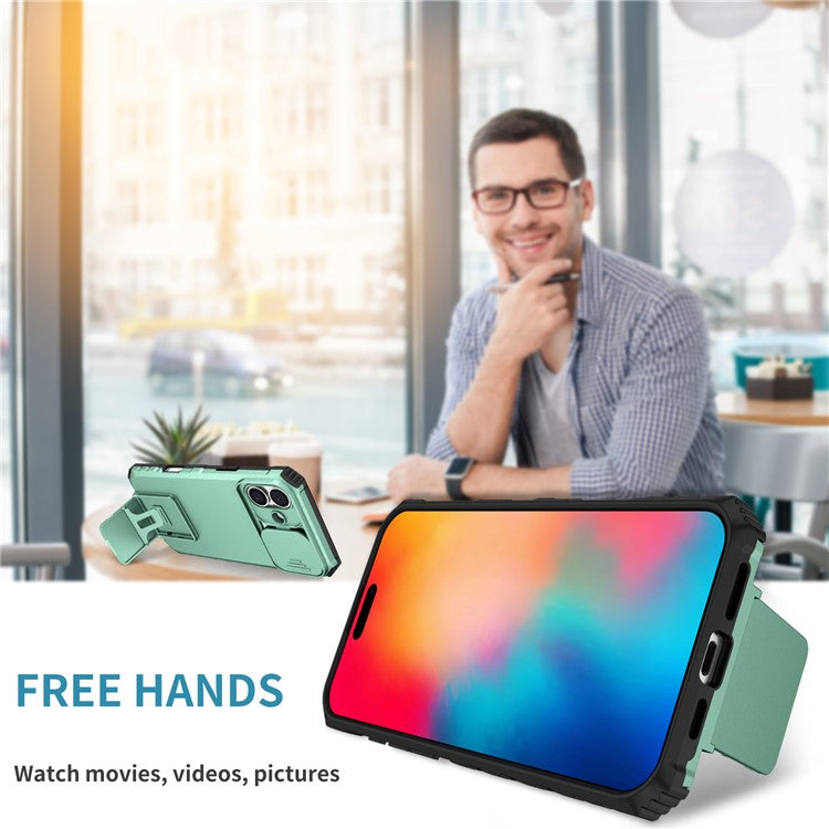 For iPhone 16 Plus Case Camera Slider PC + TPU Phone Cover with Kickstand - Baby Blue