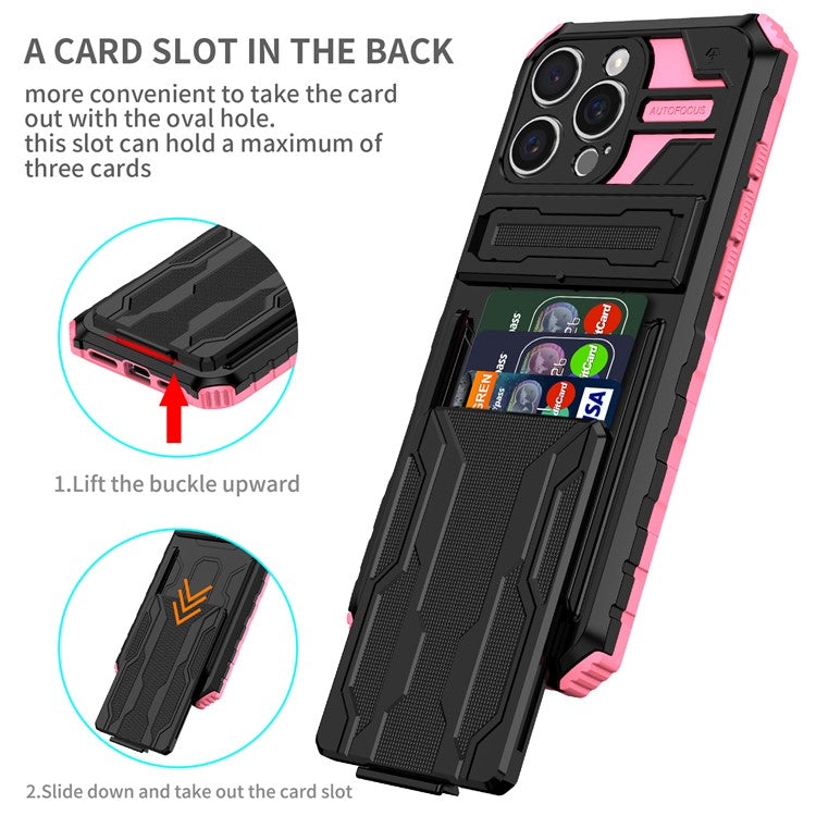 For iPhone 16 Pro Case with Card Holder PC + TPU Phone Back Cover Kickstand - Pink