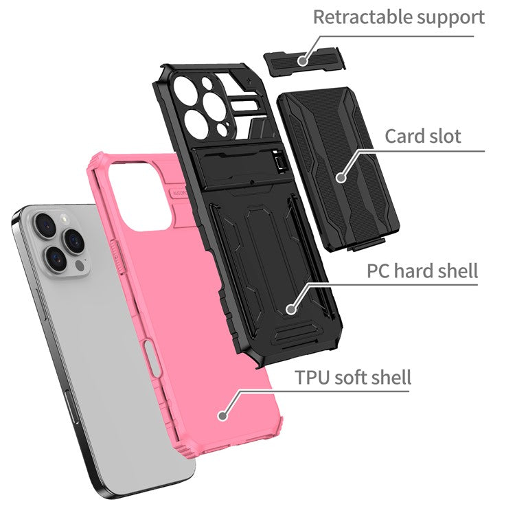For iPhone 16 Pro Case with Card Holder PC + TPU Phone Back Cover Kickstand - Pink