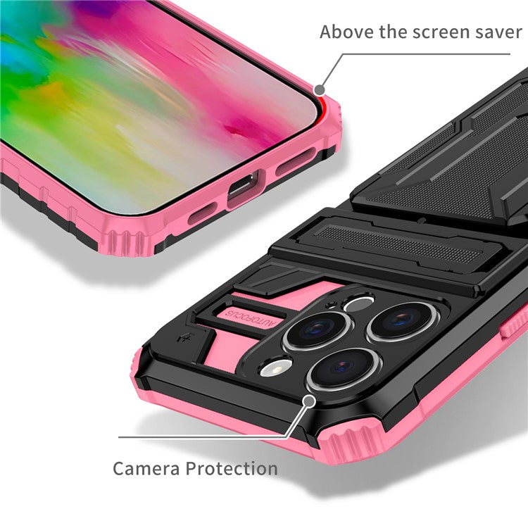 For iPhone 16 Pro Case with Card Holder PC + TPU Phone Back Cover Kickstand - Pink