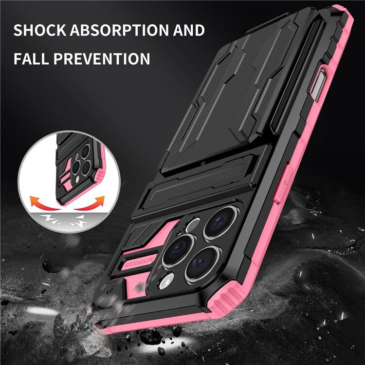 For iPhone 16 Pro Case with Card Holder PC + TPU Phone Back Cover Kickstand - Pink