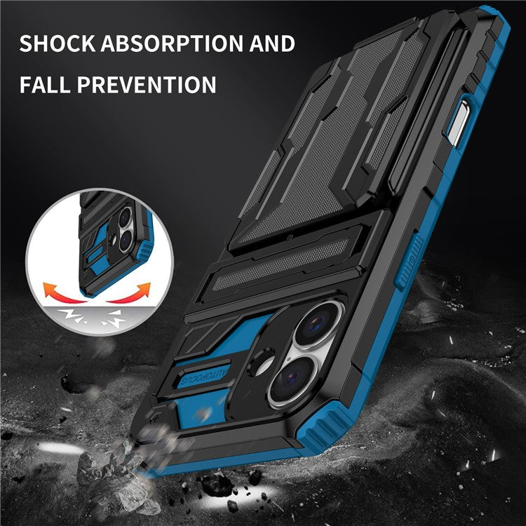 For iPhone 16 Case with Card Holder PC + TPU Phone Back Cover Kickstand - Blue