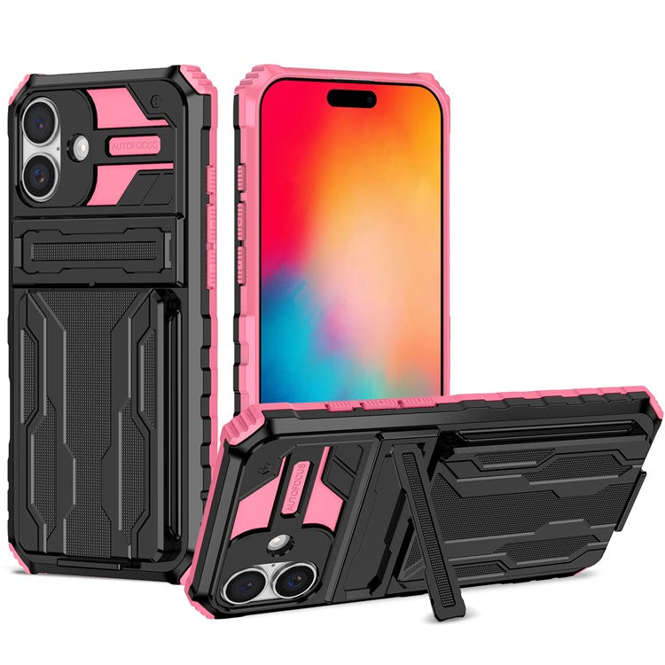 For iPhone 16 Case with Card Holder PC + TPU Phone Back Cover Kickstand - Pink