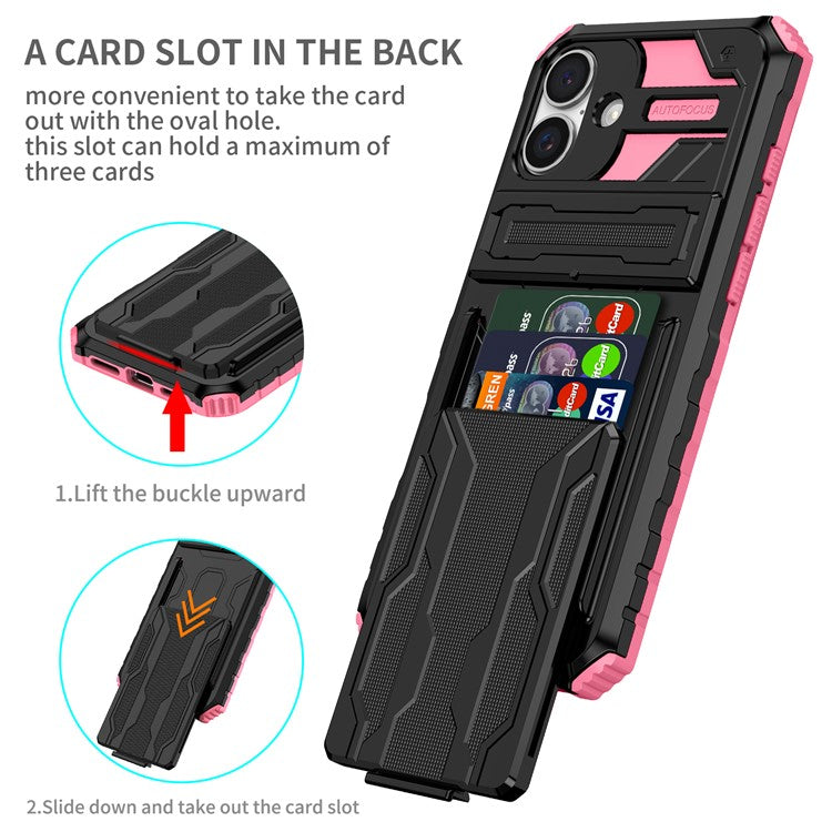 For iPhone 16 Case with Card Holder PC + TPU Phone Back Cover Kickstand - Pink