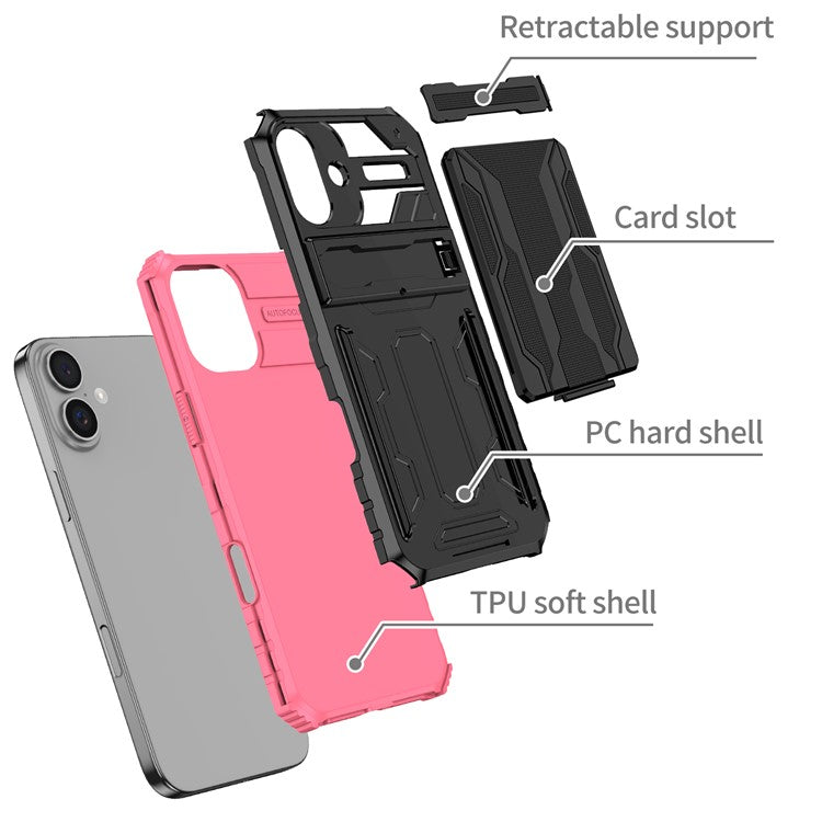 For iPhone 16 Case with Card Holder PC + TPU Phone Back Cover Kickstand - Pink
