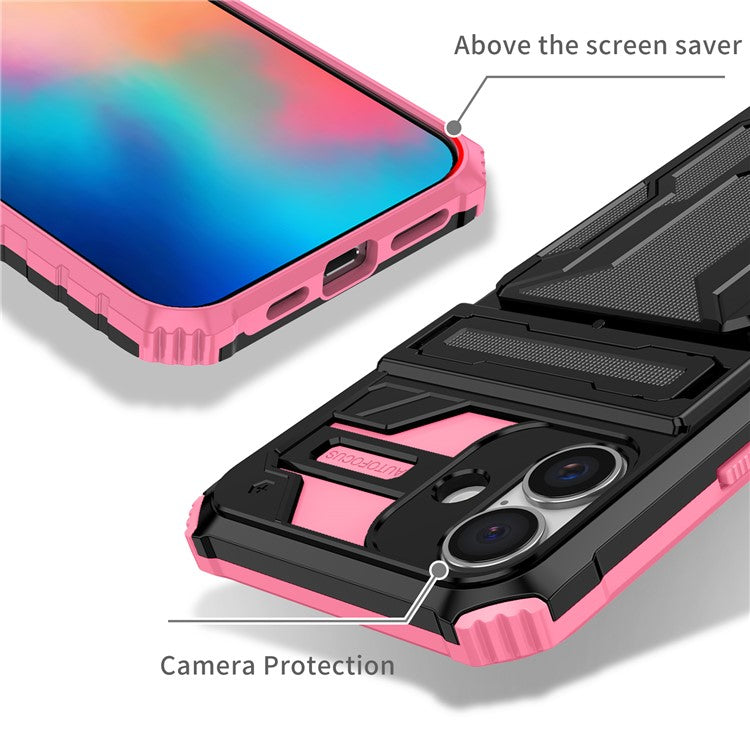 For iPhone 16 Case with Card Holder PC + TPU Phone Back Cover Kickstand - Pink