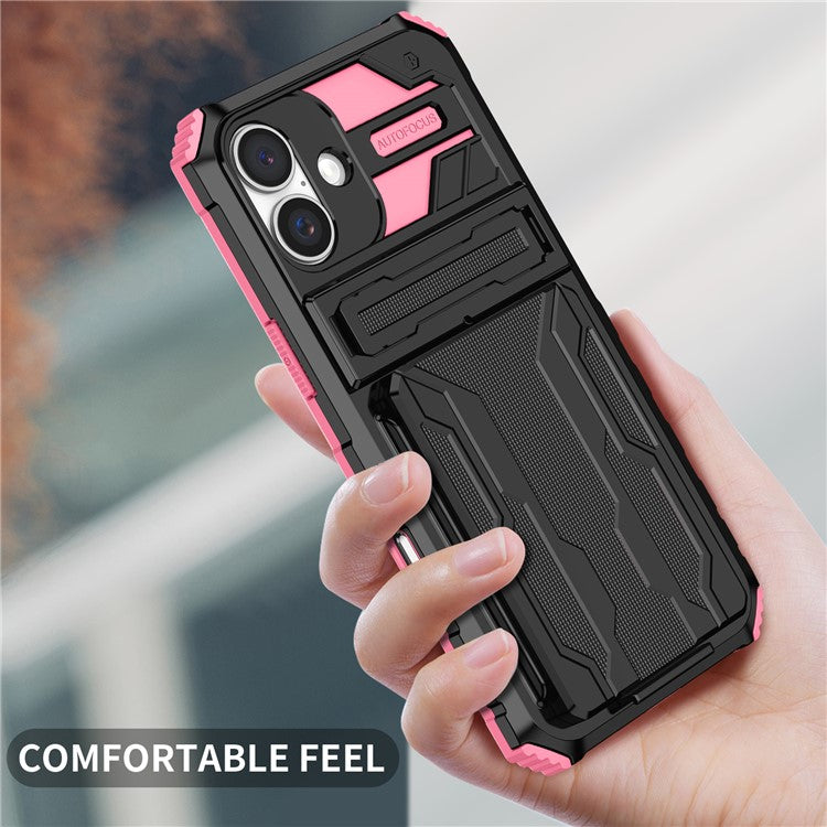 For iPhone 16 Case with Card Holder PC + TPU Phone Back Cover Kickstand - Pink