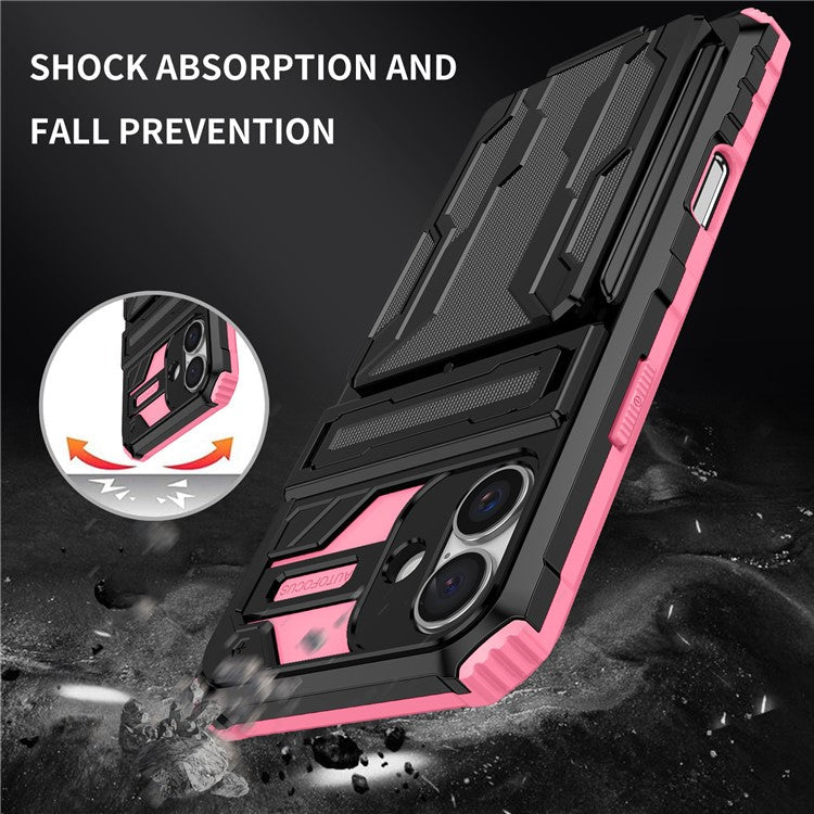 For iPhone 16 Case with Card Holder PC + TPU Phone Back Cover Kickstand - Pink