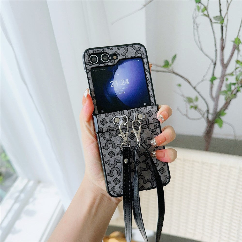 For Samsung Galaxy Z Flip7 FE 5G / Z Flip6 5G Case Floral Pattern PU Leather Coated PC Phone Cover with Crossbody Strap - Black