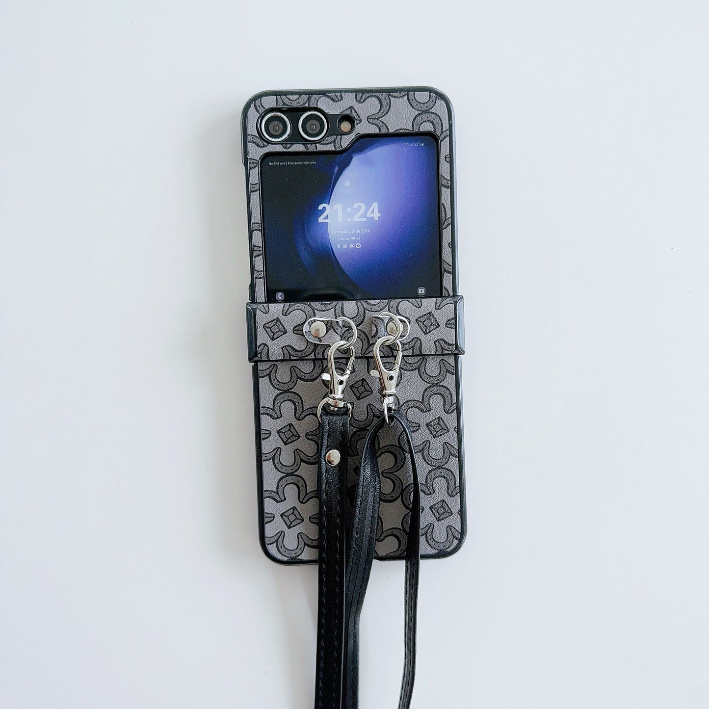 For Samsung Galaxy Z Flip6 5G Case Floral Pattern PU Leather Coated PC Phone Cover with Crossbody Strap - Black