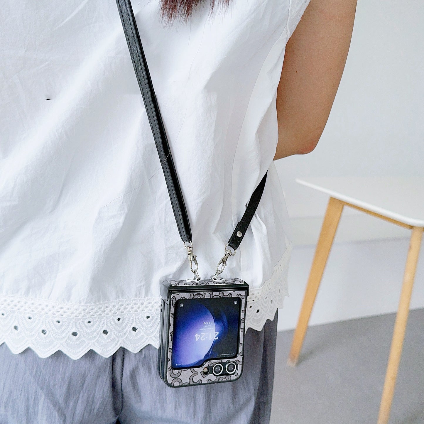 For Samsung Galaxy Z Flip6 5G Case Floral Pattern PU Leather Coated PC Phone Cover with Crossbody Strap - Black