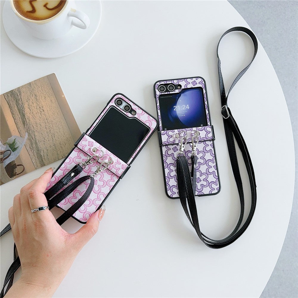 For Samsung Galaxy Z Flip7 FE 5G / Z Flip6 5G Case Floral Pattern PU Leather Coated PC Phone Cover with Crossbody Strap - Black