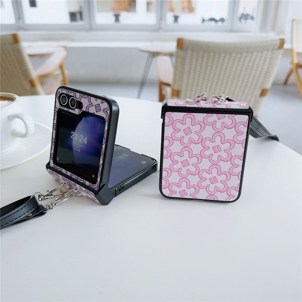 For Samsung Galaxy Z Flip7 FE 5G / Z Flip6 5G Case Floral Pattern PU Leather Coated PC Phone Cover with Crossbody Strap - Black