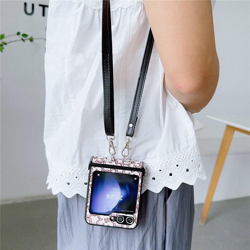 For Samsung Galaxy Z Flip7 FE 5G / Z Flip6 5G Case Floral Pattern PU Leather Coated PC Phone Cover with Crossbody Strap - Pink