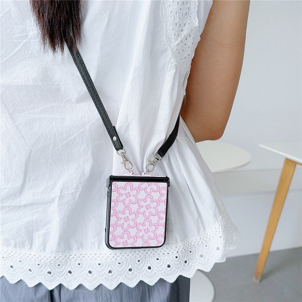 For Samsung Galaxy Z Flip7 FE 5G / Z Flip6 5G Case Floral Pattern PU Leather Coated PC Phone Cover with Crossbody Strap - Pink