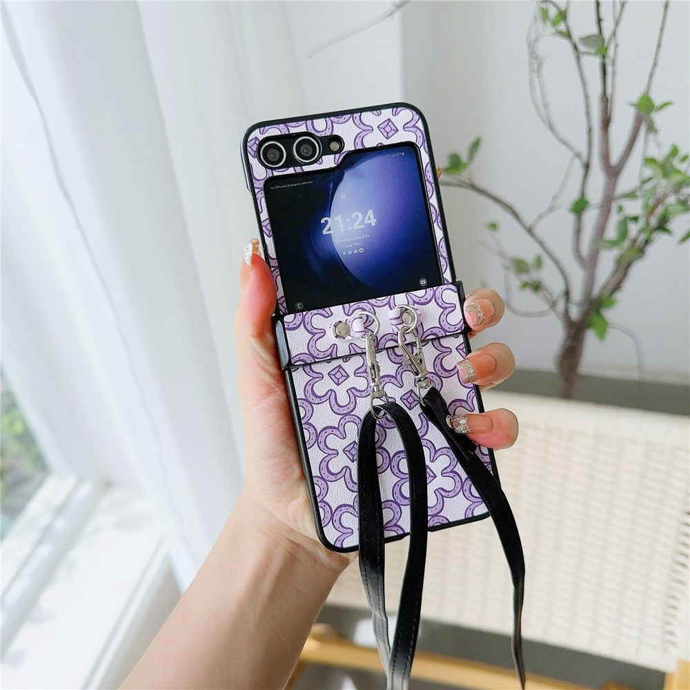 For Samsung Galaxy Z Flip7 FE 5G / Z Flip6 5G Case Floral Pattern PU Leather Coated PC Phone Cover with Crossbody Strap - Purple