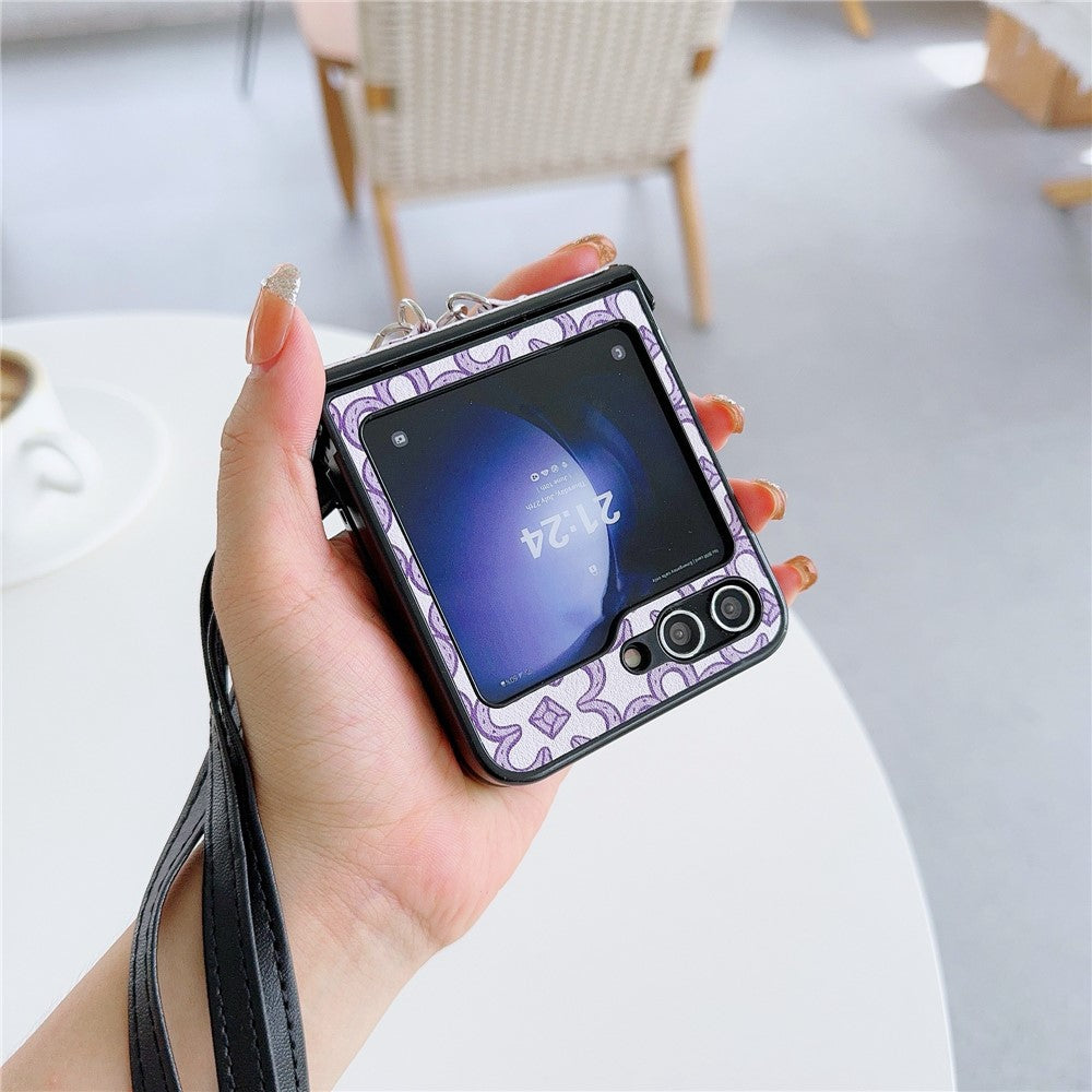 For Samsung Galaxy Z Flip7 FE 5G / Z Flip6 5G Case Floral Pattern PU Leather Coated PC Phone Cover with Crossbody Strap - Purple