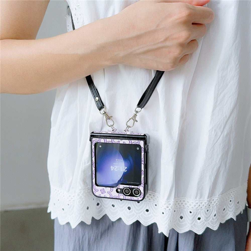 For Samsung Galaxy Z Flip7 FE 5G / Z Flip6 5G Case Floral Pattern PU Leather Coated PC Phone Cover with Crossbody Strap - Purple