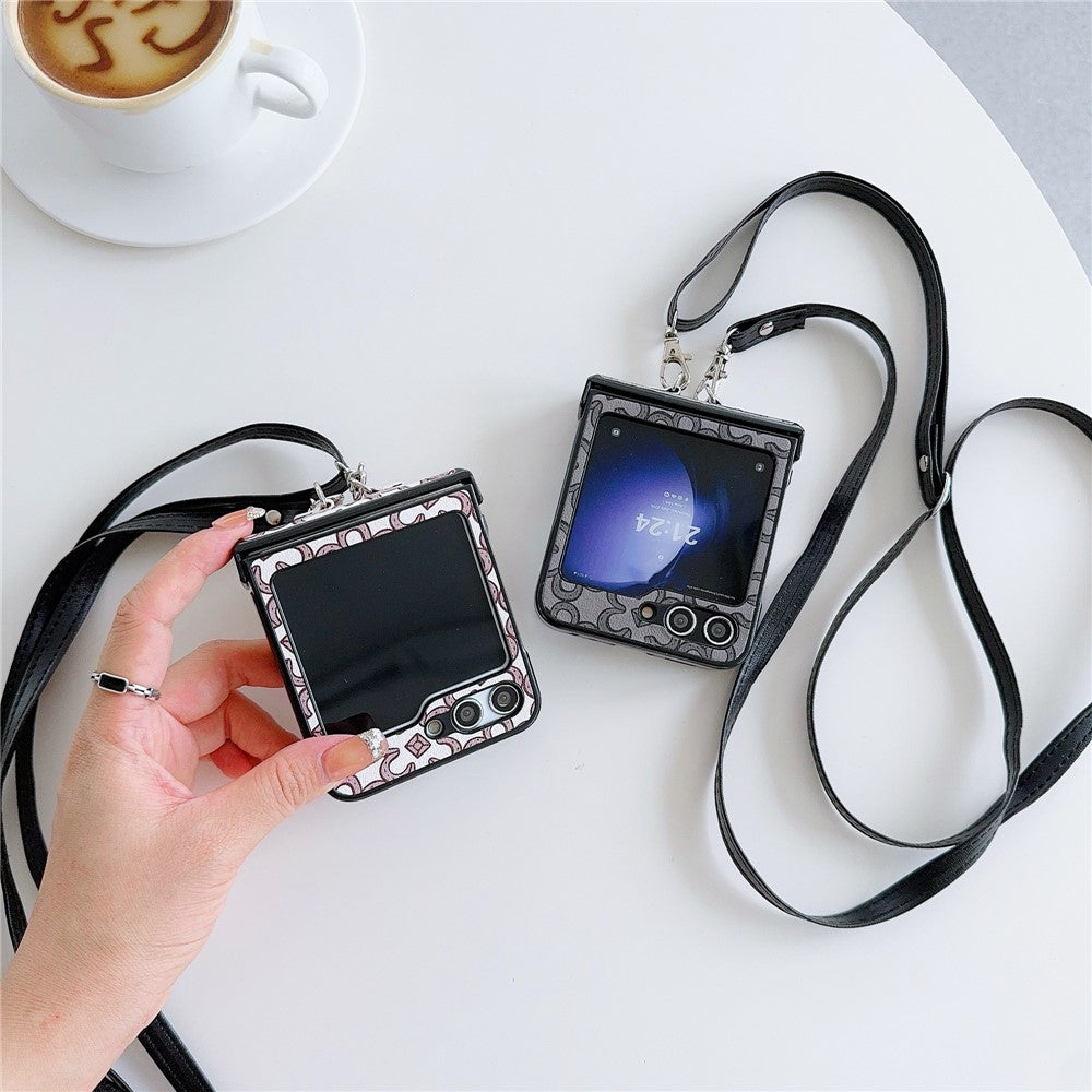 For Samsung Galaxy Z Flip7 FE 5G / Z Flip6 5G Case Floral Pattern PU Leather Coated PC Phone Cover with Crossbody Strap - Purple