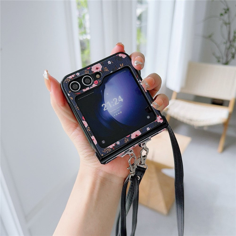 For Samsung Galaxy Z Flip7 FE 5G / Z Flip6 5G Small Flowers Pattern PU Leather Coated PC Phone Cover with Crossbody Strap - Blue