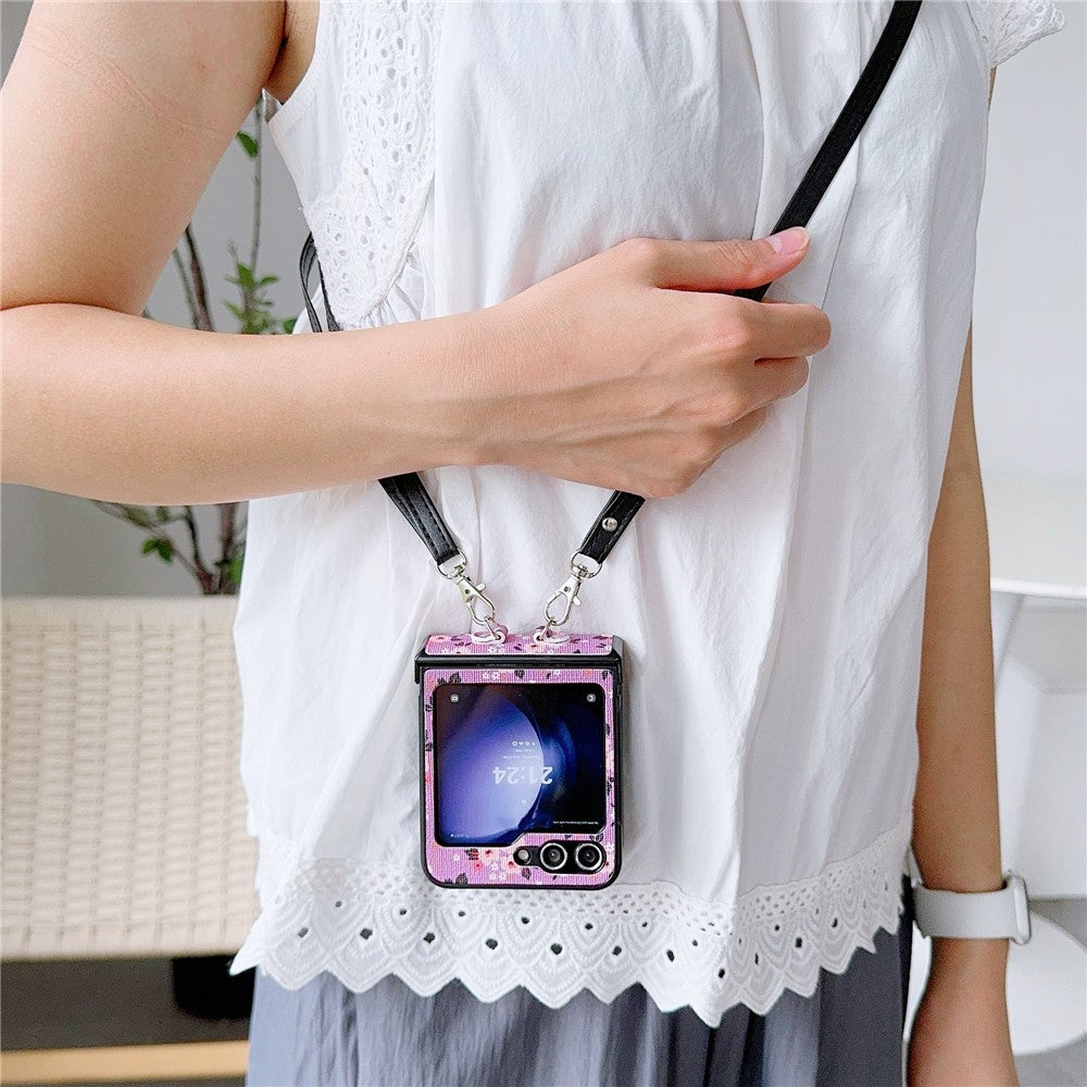 For Samsung Galaxy Z Flip7 FE 5G / Z Flip6 5G Small Flowers Pattern PU Leather Coated PC Phone Cover with Crossbody Strap - Purple