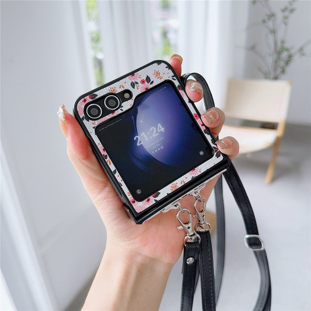 For Samsung Galaxy Z Flip7 FE 5G / Z Flip6 5G Small Flowers Pattern PU Leather Coated PC Phone Cover with Crossbody Strap - White
