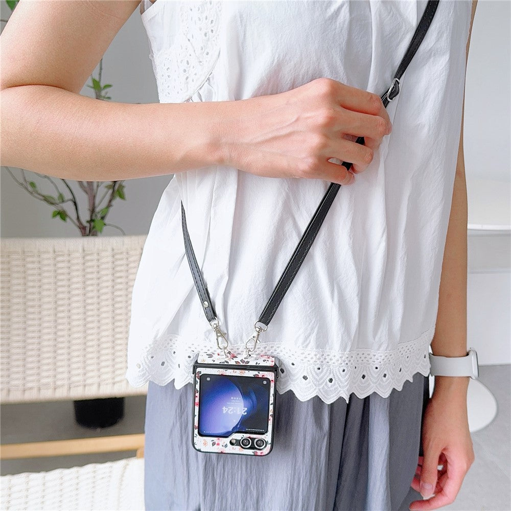 For Samsung Galaxy Z Flip7 FE 5G / Z Flip6 5G Small Flowers Pattern PU Leather Coated PC Phone Cover with Crossbody Strap - White