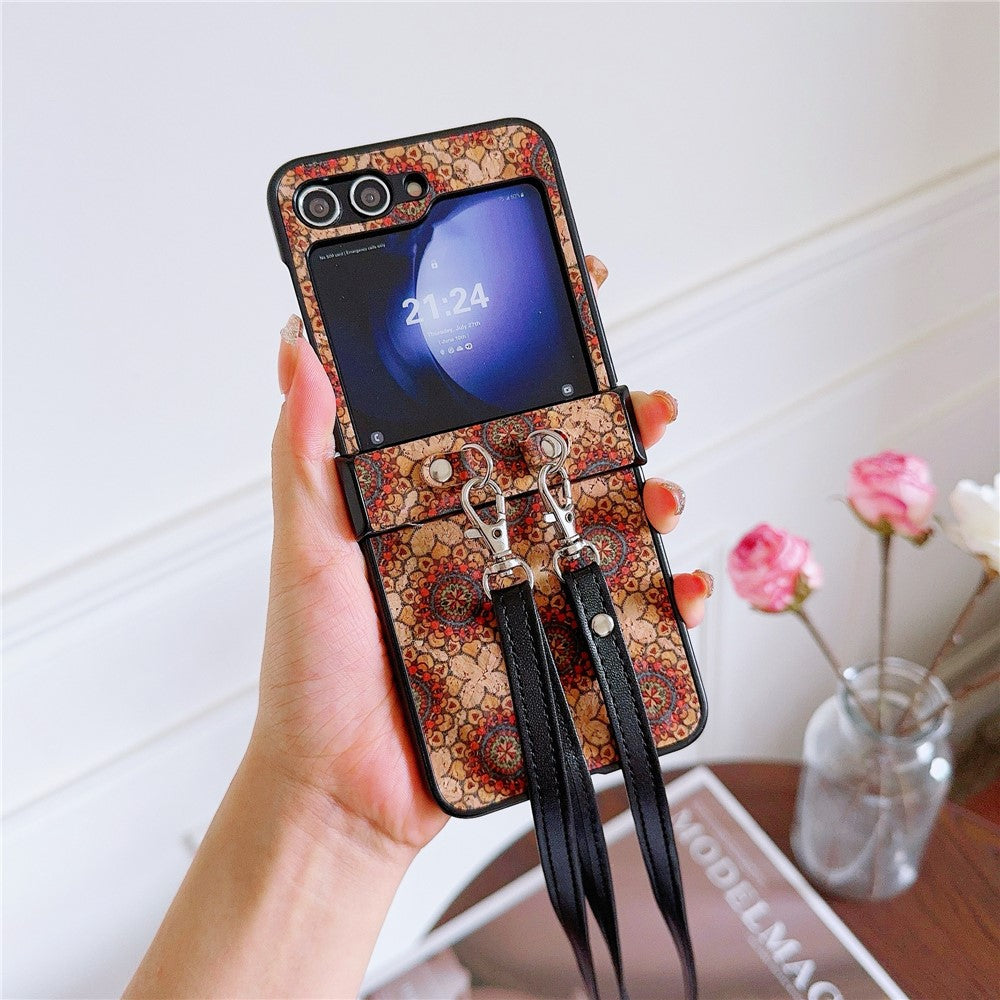 For Samsung Galaxy Z Flip7 FE 5G / Z Flip6 5G Floral Pattern PU Leather Coated PC Phone Cover with Crossbody Strap - Ethnic Floral
