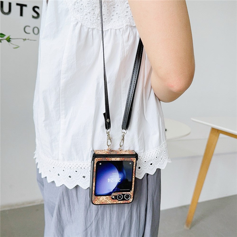 For Samsung Galaxy Z Flip7 FE 5G / Z Flip6 5G Floral Pattern PU Leather Coated PC Phone Cover with Crossbody Strap - Ethnic Floral